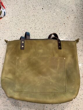 Olive Green Leather Tote with Front Patch Pocket and Dark Strap Accents  #22